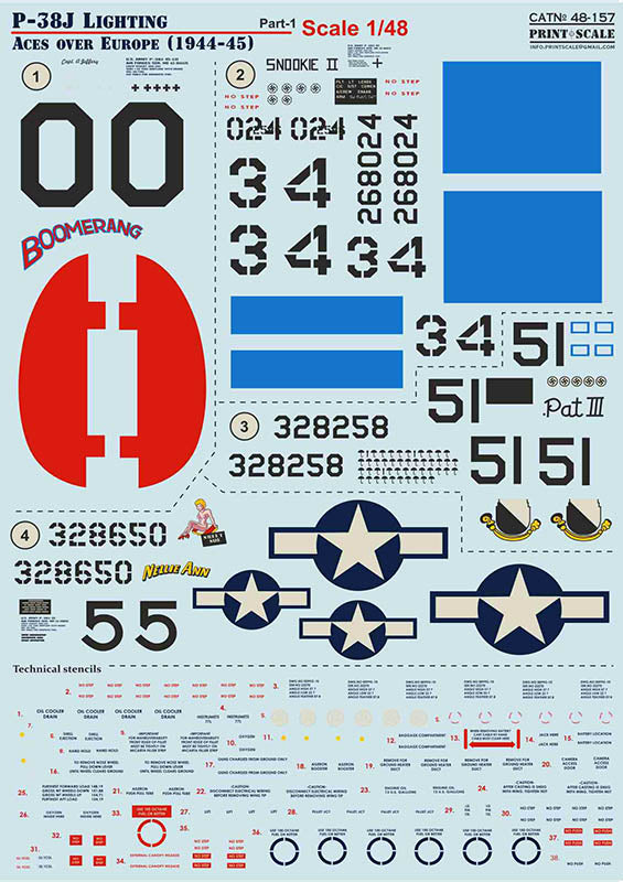 Print Scale PSL48157 1:48 Lockheed P-38J Lighting Aces over Europe