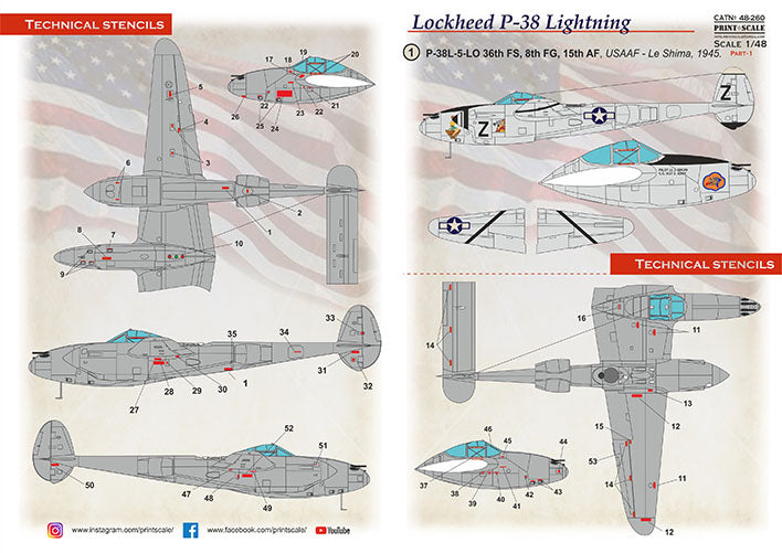 Print Scale PSL48260 1:48 P-38 Lightning Bare Metal 36th FS Decals