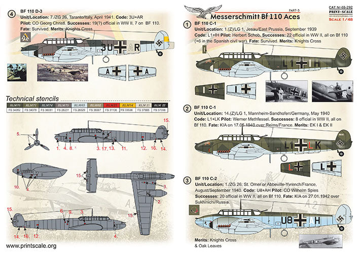 Print Scale PSL48292 1:48 Messerschmitt Bf-110 Aces Part-3 1