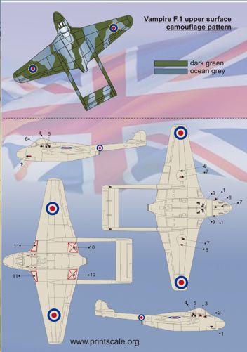 Print Scale PSL72051 1:72 de Havilland Vampire F.1, F.3, FB.5, FB.9, FB.31, T.11