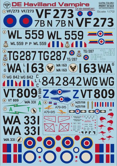 Print Scale PSL72051 1:72 de Havilland Vampire F.1, F.3, FB.5, FB.9, FB.31, T.11