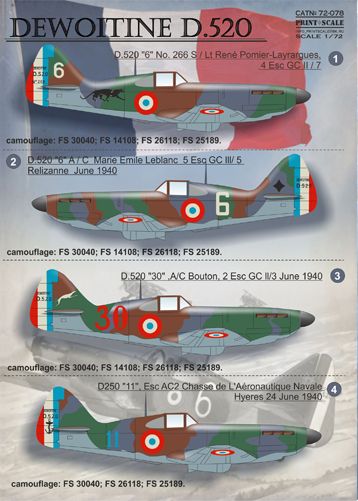 Print Scale PSL72078 1:72 Dewoitine D.520