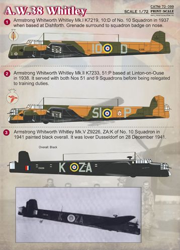 Print Scale PSL72099 1:72 Armstrong-Whitworth A.W.38 Whitley Decals