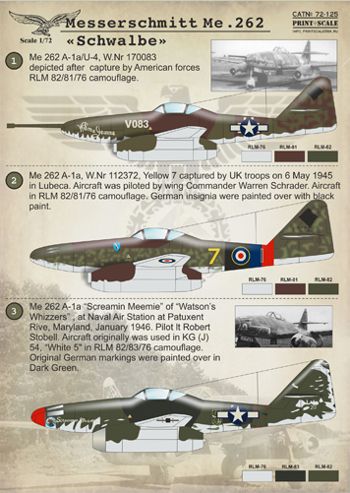 Print Scale PSL72125 1:72 Messerschmitt Me-262 'Schwalbe'