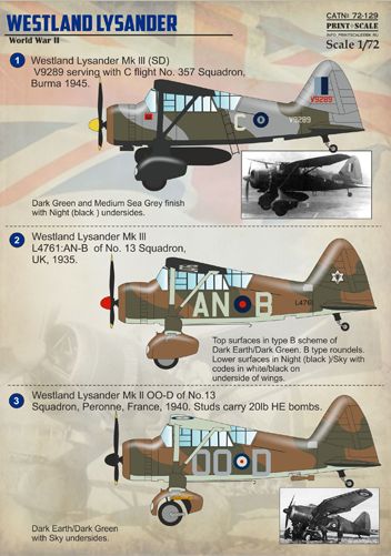 Print Scale PSL72129 1:72 Westland Lysander Mk.II/Mk.III