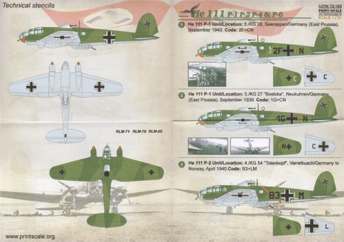 Print Scale PSL72163 1:72 Heinkel He-111P-1, He 111P-2, He 111P-4 & He 111P-6