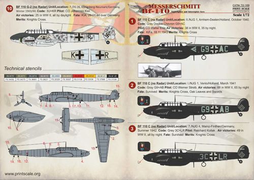 Print Scale PSL72169 1:72 Bf-110 Nightfighter & Interceptor Aces