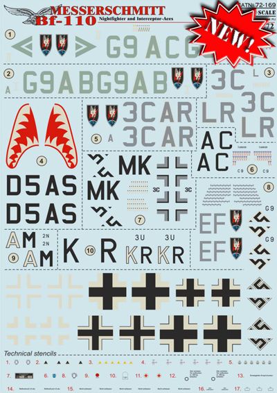 Print Scale PSL72169 1:72 Bf-110 Nightfighter & Interceptor Aces