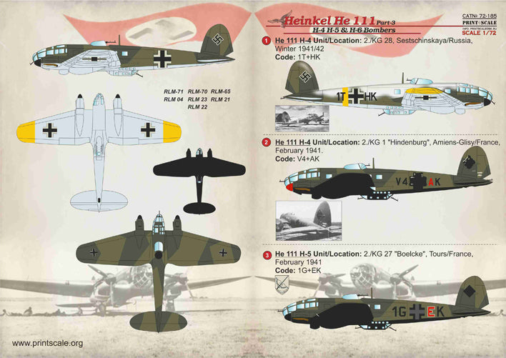 Print Scale PSL72185 1:72 Heinkel He-111H-4, He 111H-5 & He 111H-6 Bombers