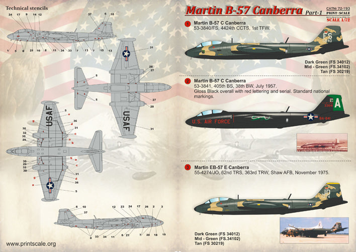 Print Scale PSL72193 1:72 Martin B-57B Canberra Part-1 [B-57C RB-57D EB-57E]