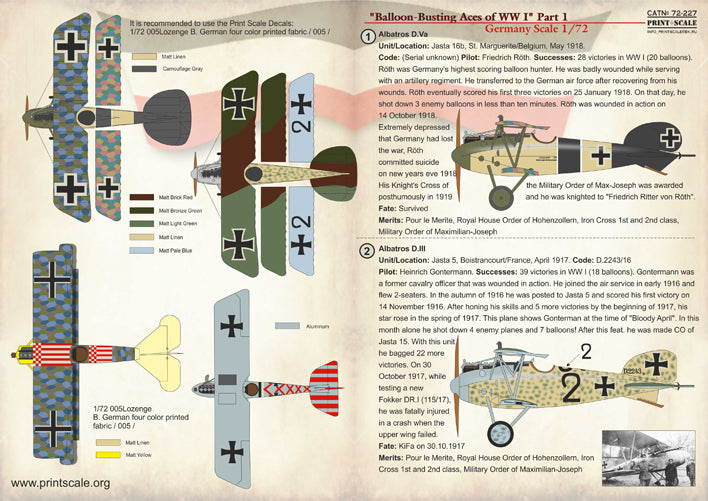 Print Scale PSL72227 1:72 Balloon-Busting Aces of WW I Part 1