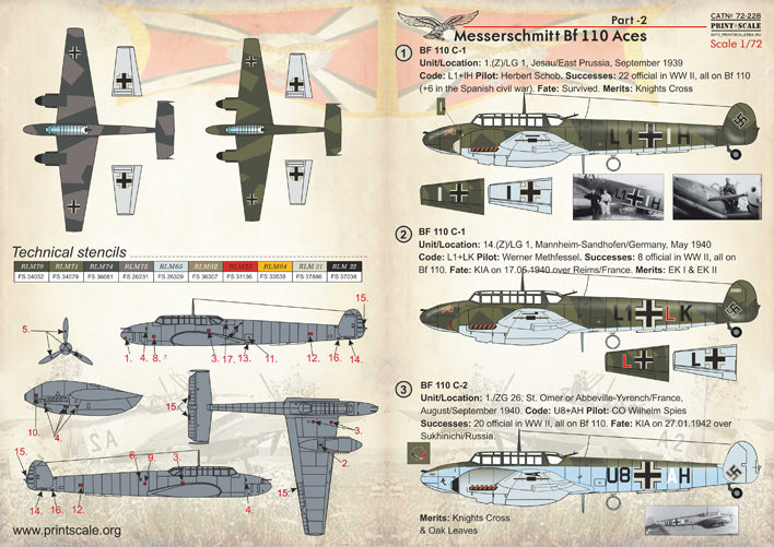 Print Scale PSL72228 1:72 Messerschmitt Bf-110 Aces Part 2 Decals