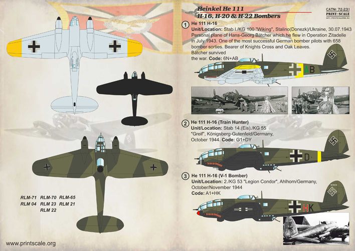 Print Scale PSL72231 1:72 Heinkel He-111H-16, He 111H-20 & He 111H-22 Bombers