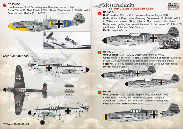 Print Scale PSL72249 1:72 Bf-109G High Altitude Aces Part 1 Decals