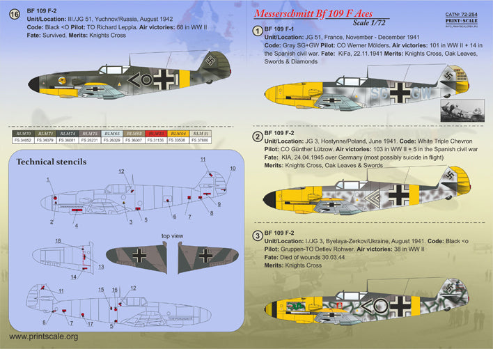 Print Scale PSL72254 1:72 Messerschmitt Bf-109F Aces