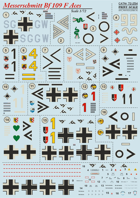 Print Scale PSL72254 1:72 Messerschmitt Bf-109F Aces