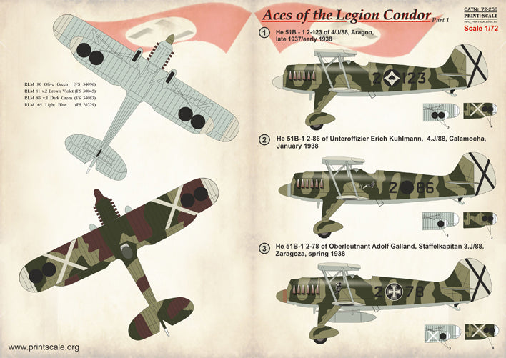 Print Scale PSL72258 1:72 Heinkel He-51B-1 Aces Legion Condor Pt 1