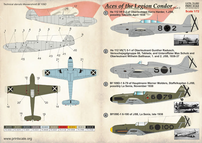 Print Scale PSL72260 1:72 Aces Legion Condor Pt 2 Bf-109B/D/E