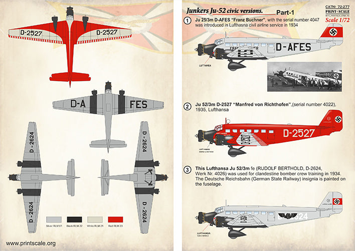 Print Scale PSL72277 1:72 Junkers Ju-52/3m civic versions Part-1