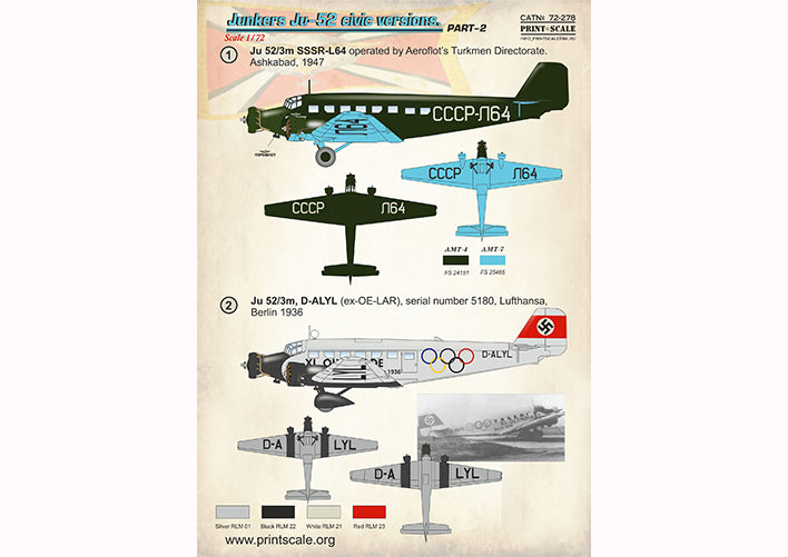 Print Scale PSL72278 1:72 Junkers Ju-52/3m civic versions Part-2