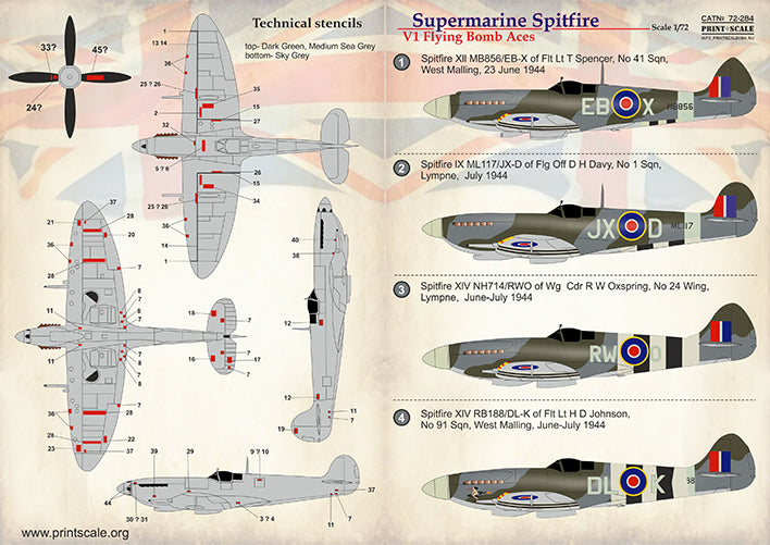 Print Scale PSL72284 1:72 V-1 Flying Bomb Aces Spitfire Mk.IX/XII/XIV