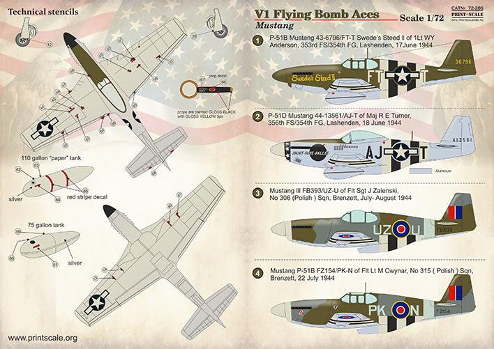 Print Scale PSL72286 1:72 V-1 Flying Bomb Aces P-51B/C/D Mustang