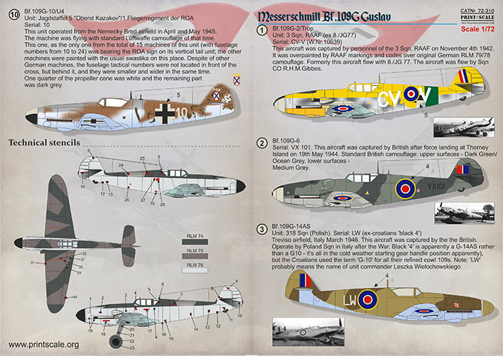 Print Scale PSL72310 1:72 Captured Messerschmitt Bf-109G Decals