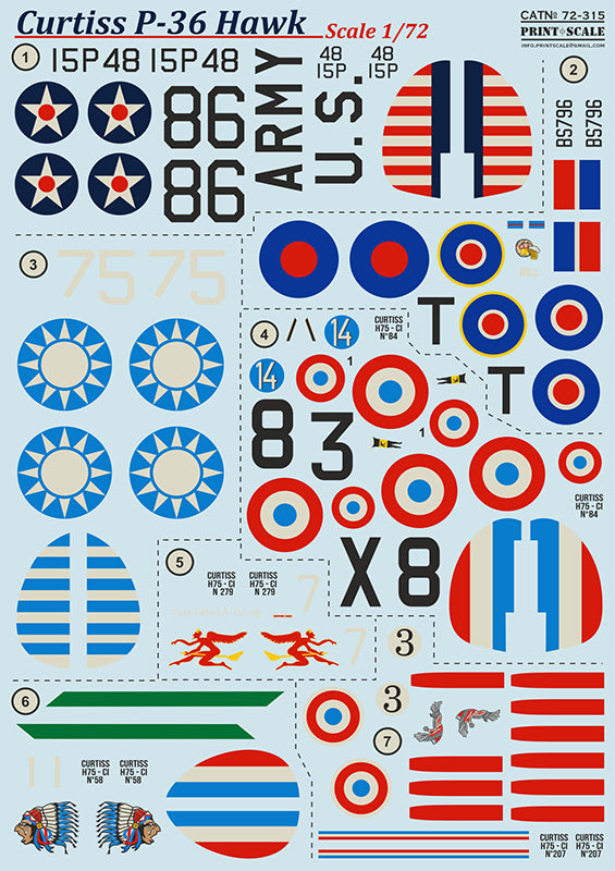 Print Scale PSL72315 1:72 Curtiss P-36 Hawk / Mohawk Mk.IV Decals