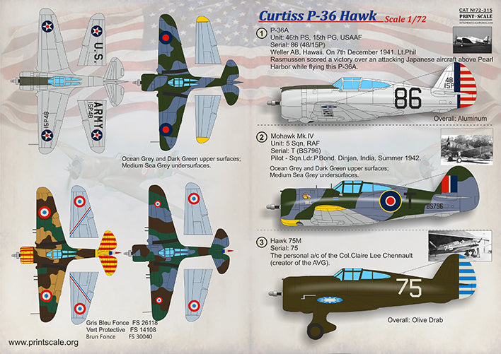 Print Scale PSL72315 1:72 Curtiss P-36 Hawk / Mohawk Mk.IV Decals