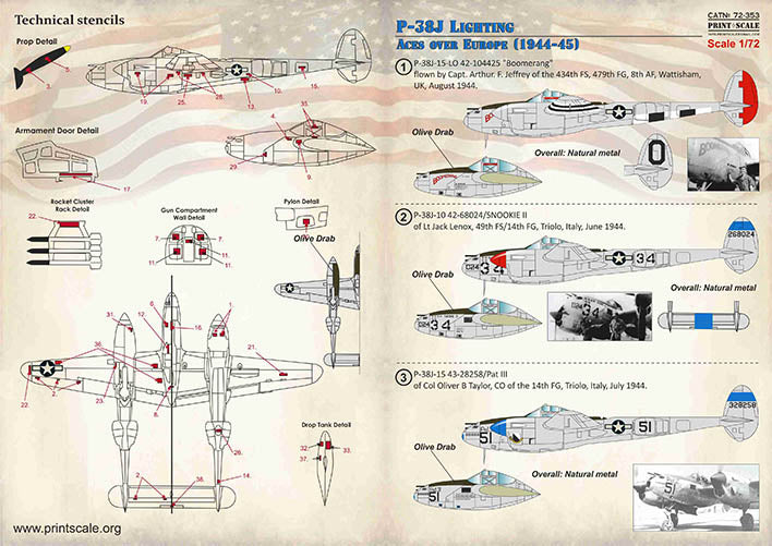 Print Scale PSL72353 1:72 Lockheed P-38J Lighting Aces over Europe 1944-1945 1