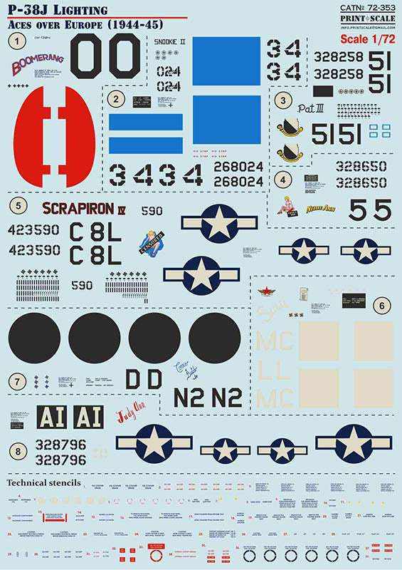 Print Scale PSL72353 1:72 Lockheed P-38J Lighting Aces over Europe 1944-1945 1
