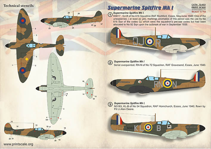 Print Scale PSL72403 1:72 Supermarine Spitfire Mk.1 1