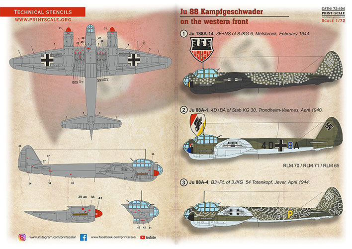 Print Scale PSL72494 1:72 Junkers Ju-88 Kampfgeschwader on the Western Front 1