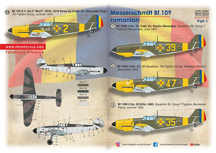 Print Scale PSL72507 1:72 Messerschmitt Bf-109 Roumains Part 1 1