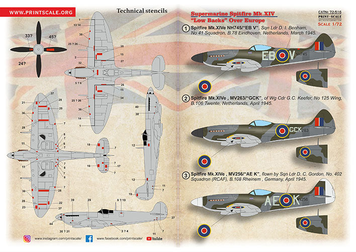 Print Scale PSL72516 1:72 Supermarine Spitfire Mk.XIV "Low Backs" Over Europe 1