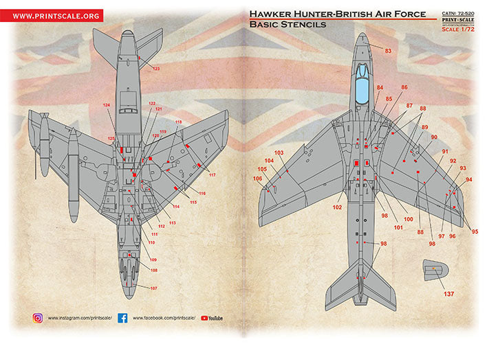 Print Scale PSL72520 1:72 Hawker Hunter RAF basic stencil