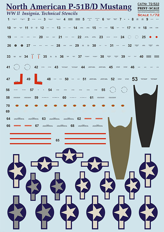 Print Scale PSL72522 1:72 North-American P-51B/P-51D Mustang Technical stencils