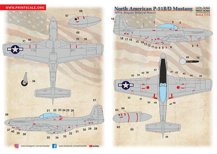 Print Scale PSL72522 1:72 North-American P-51B/P-51D Mustang Technical stencils