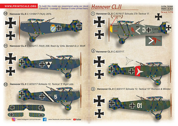 Print Scale PSL72526 1:72 Hannover CL.II Great War Aircraft Decals