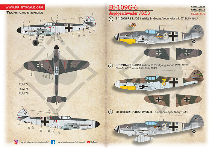 Print Scale PSL72534 1:72 Messerschmitt Bf-109G-6 Jagdgeschwader JG.53 1