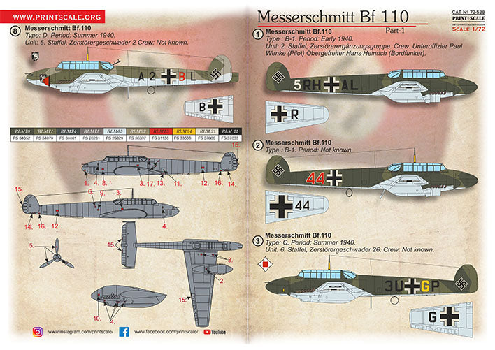 Print Scale PSL72538 1:72 Messerschmitt Bf-110