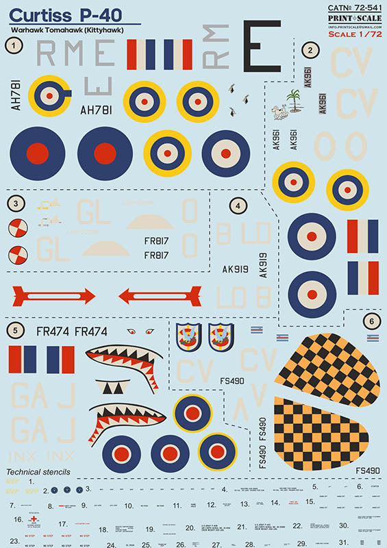 Print Scale PSL72541 1:72 Curtis P-40 Warhawk, Tomahawk, Kittihawk