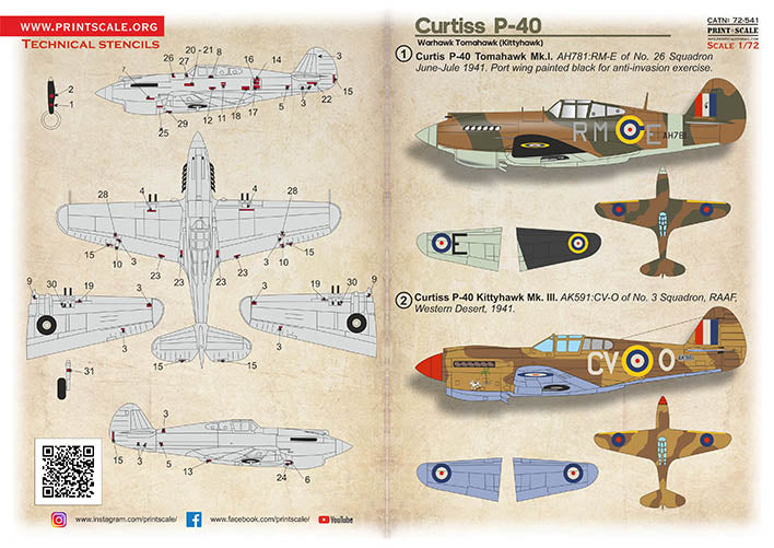 Print Scale PSL72541 1:72 Curtis P-40 Warhawk, Tomahawk, Kittihawk