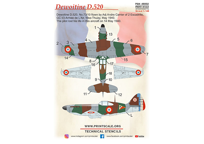 Print Scale PSM48002 1:48 Dewoitine D.520 Mask & 3D Decal Set