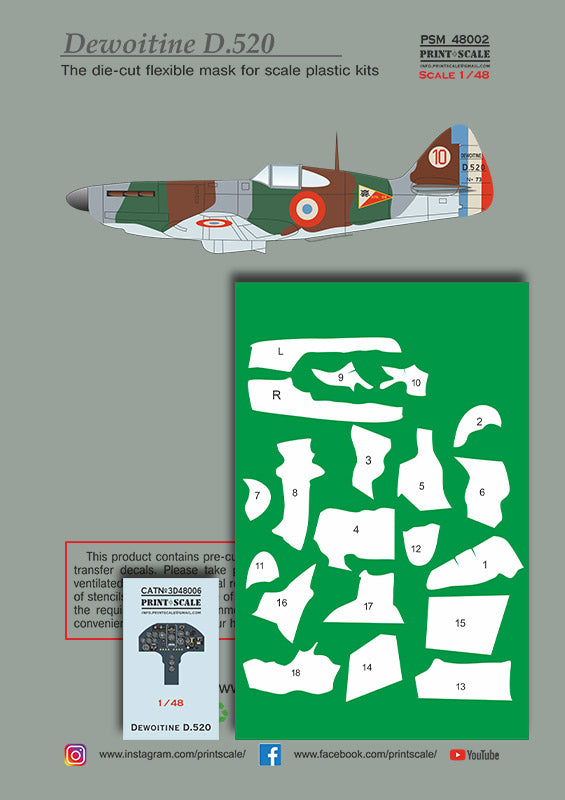 Print Scale PSM48002 1:48 Dewoitine D.520 Mask & 3D Decal Set