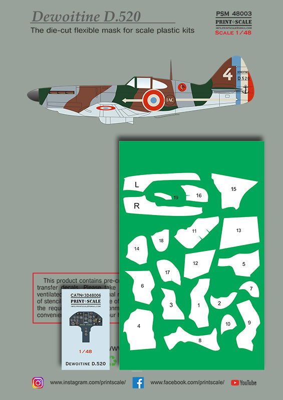 Print Scale PSM48003 1:48 Dewoitine D.520 Mask & 3D Decal Set 1AC