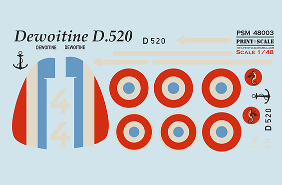 Print Scale PSM48003 1:48 Dewoitine D.520 Mask & 3D Decal Set 1AC