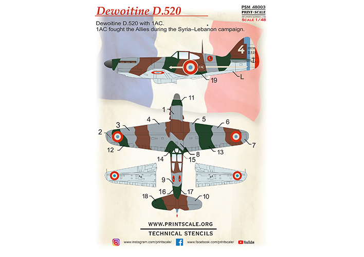 Print Scale PSM48003 1:48 Dewoitine D.520 Mask & 3D Decal Set 1AC