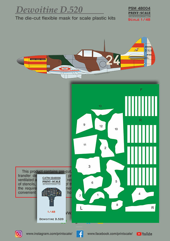 Print Scale PSM48004 1:48 Dewoitine D.520 Mask & 3D Decal Set GC III/6