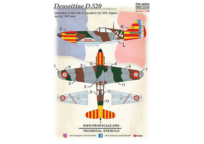Print Scale PSM48004 1:48 Dewoitine D.520 Mask & 3D Decal Set GC III/6